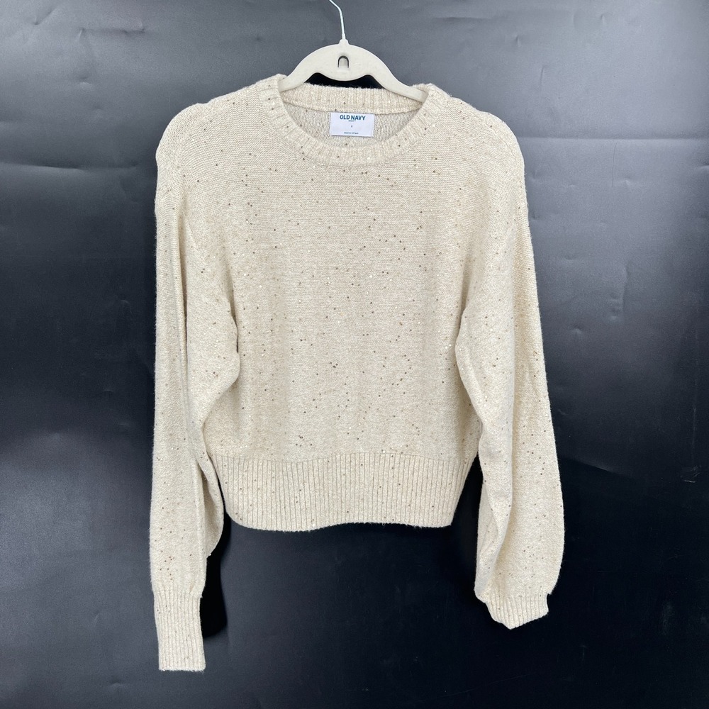 NEW old navy cream gold sequin cropped balloon sleeve sweater preppy metallic S